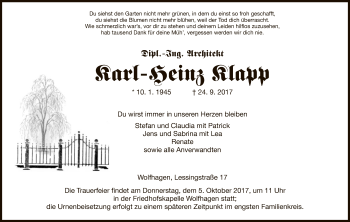 Traueranzeige von karl-Heinz Klapp von HNA