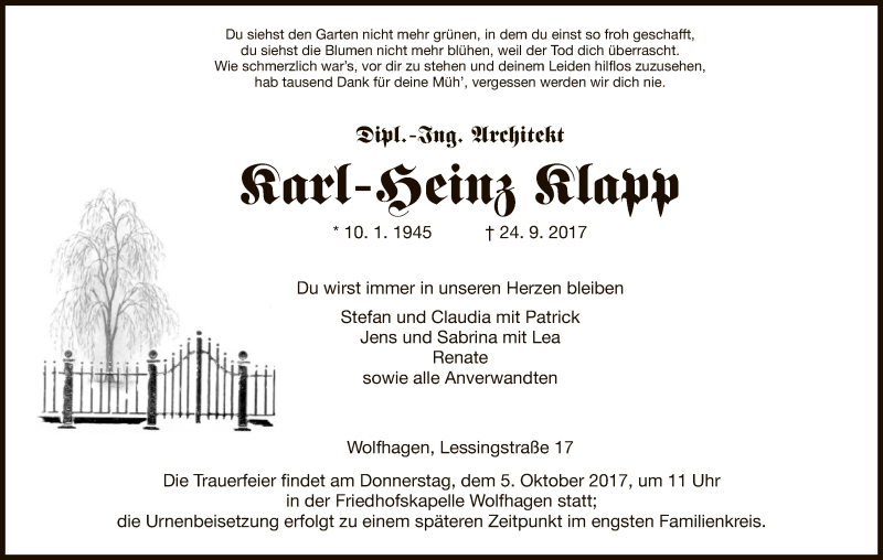  Traueranzeige für karl-Heinz Klapp vom 30.09.2017 aus HNA