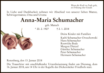 Traueranzeige von Anna-Maria Schumacher von HNA