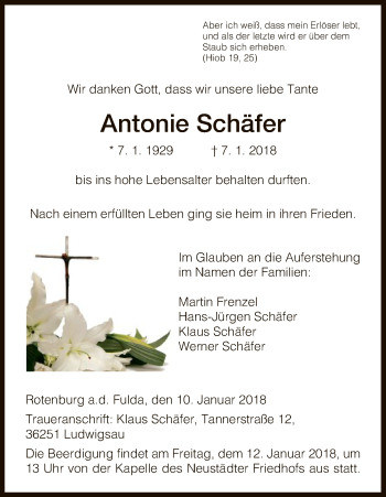 Traueranzeige von Antonie Schäfer von HNA
