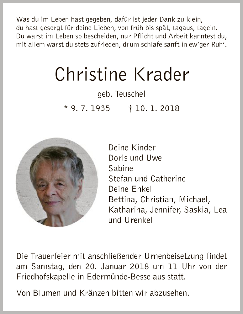  Traueranzeige für Christine Krader vom 17.01.2018 aus HNA