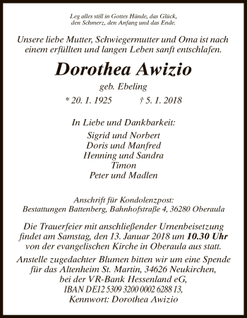 Traueranzeige von Dorothea Awizio von HNA