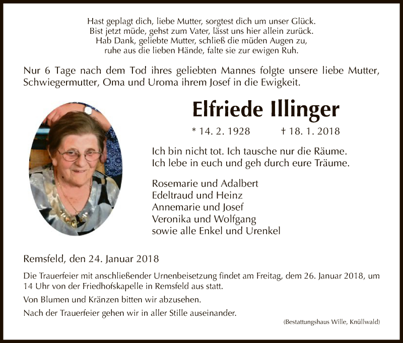  Traueranzeige für Elfriede Illinger vom 24.01.2018 aus HNA