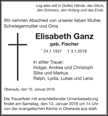 Traueranzeige von Elisabeth Ganz von etm