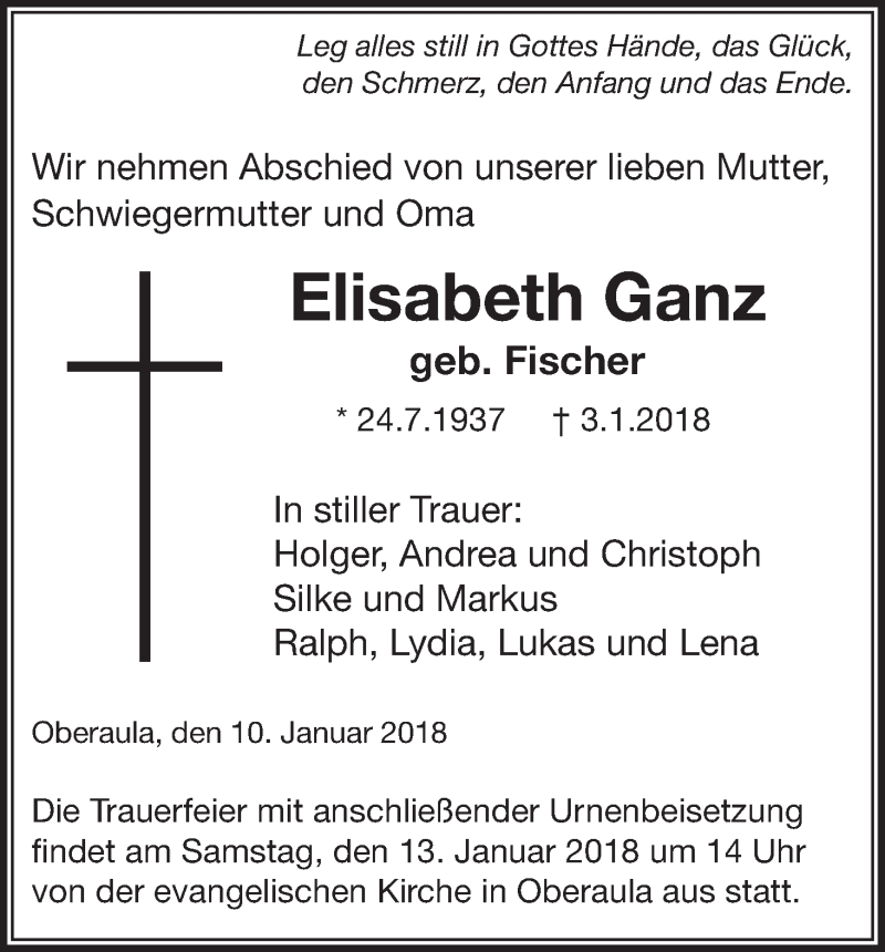  Traueranzeige für Elisabeth Ganz vom 10.01.2018 aus etm