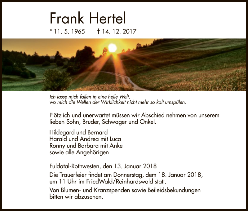  Traueranzeige für Frank Hertel vom 13.01.2018 aus HNA