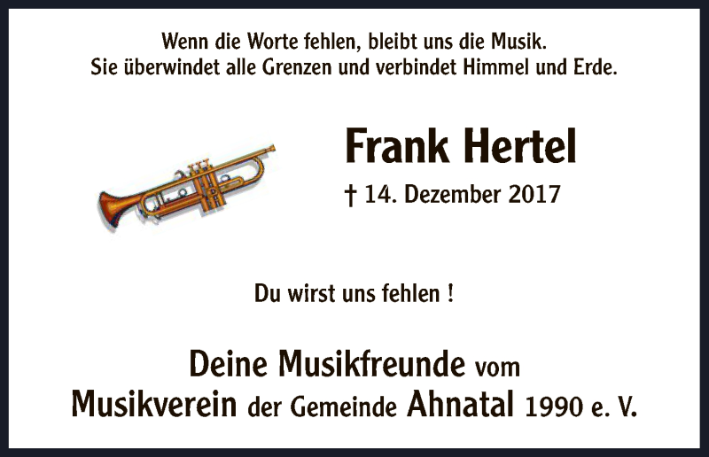  Traueranzeige für Frank Hertel vom 13.01.2018 aus HNA