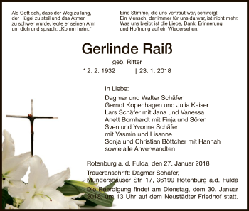 Traueranzeige von Gerlinde Raiß von HNA