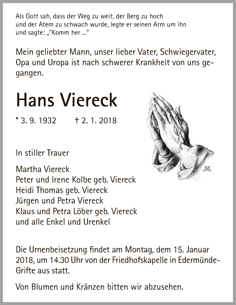  Traueranzeige für Hans Viereck vom 12.01.2018 aus HNA