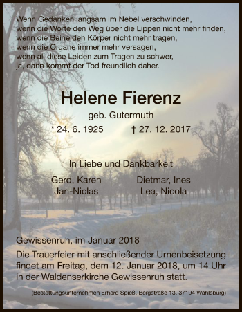 Traueranzeige von Helene Fierenz von HNA