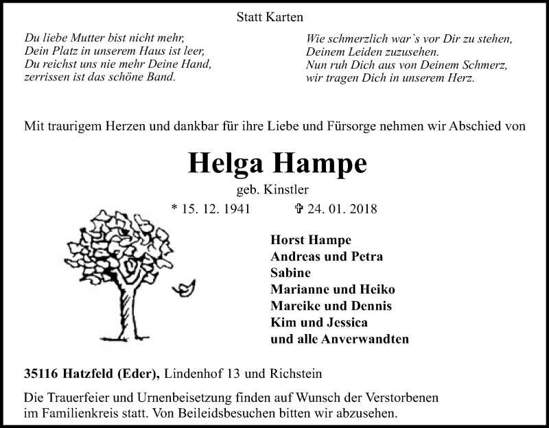  Traueranzeige für Helga Hampe vom 26.01.2018 aus HNA
