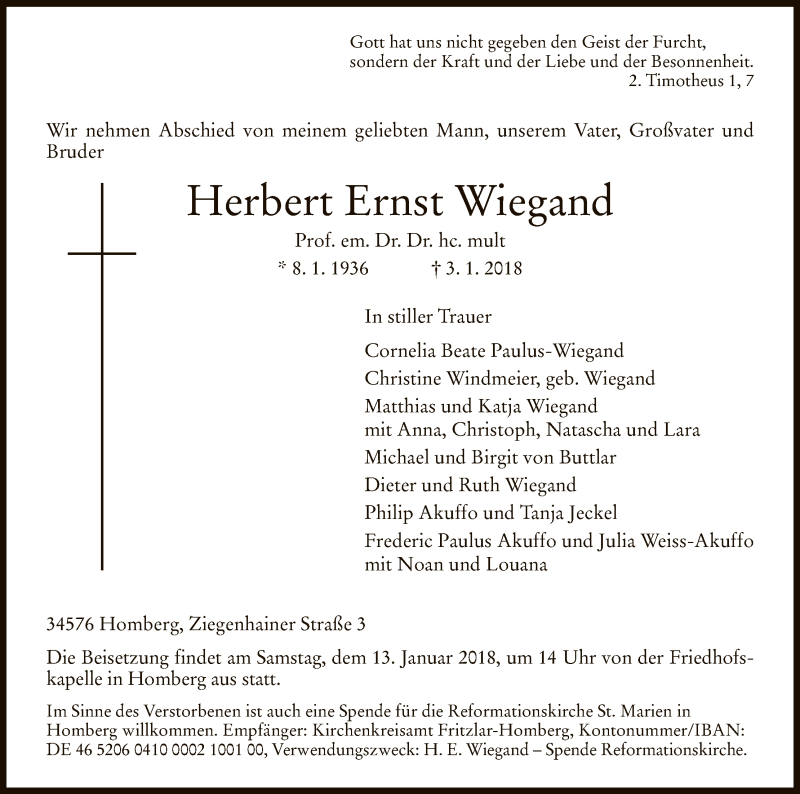  Traueranzeige für Herbert Ernst Wiegand vom 06.01.2018 aus HNA