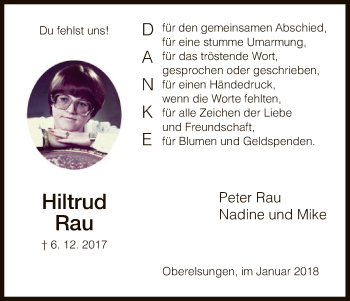 Traueranzeige von Hiltrud Rau von HNA