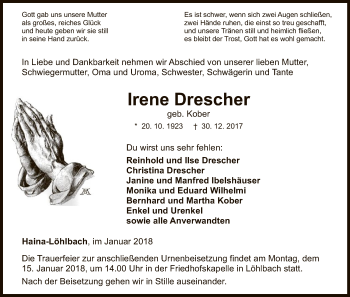 Traueranzeige von Irene Drescher von HNA