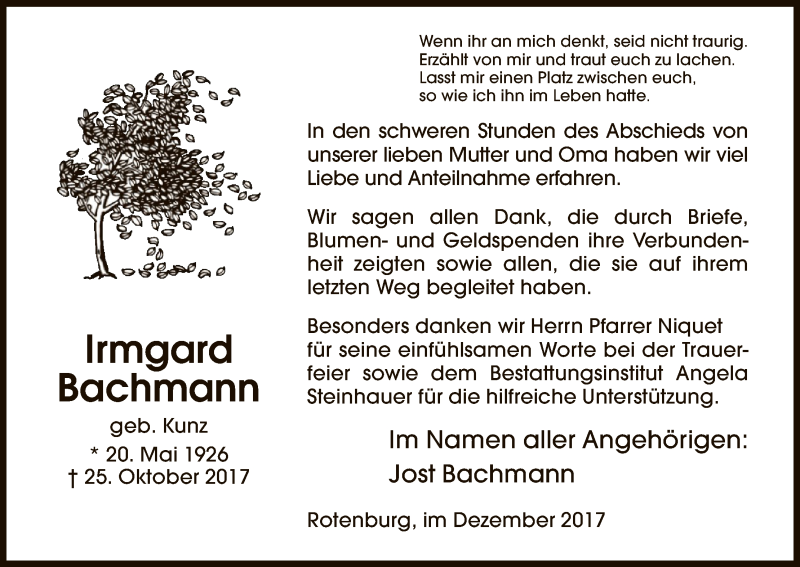  Traueranzeige für Irmgard Bachmann vom 30.12.2017 aus HNA