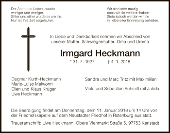 Traueranzeige von Irmgard Heckmann von HNA