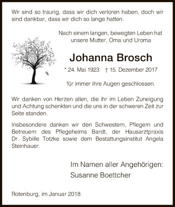 Traueranzeige von Johanna Brosch von HNA