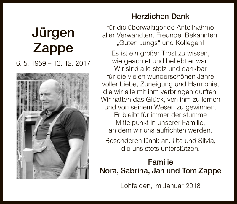  Traueranzeige für Jürgen Zappe vom 20.01.2018 aus HNA