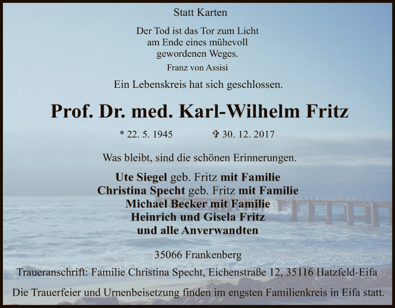  Traueranzeige für Karl-Wilhelm Fritz vom 03.01.2018 aus HNA