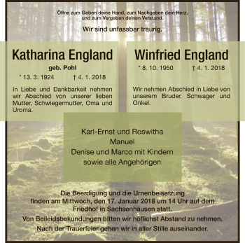 Traueranzeige von Katharina und Winfried England von HNA