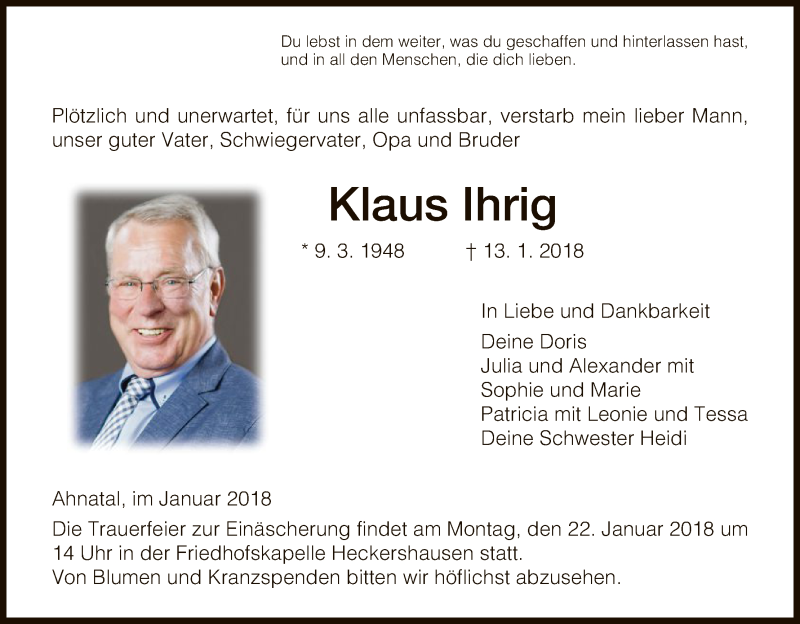  Traueranzeige für Klaus Ihrig vom 17.01.2018 aus HNA