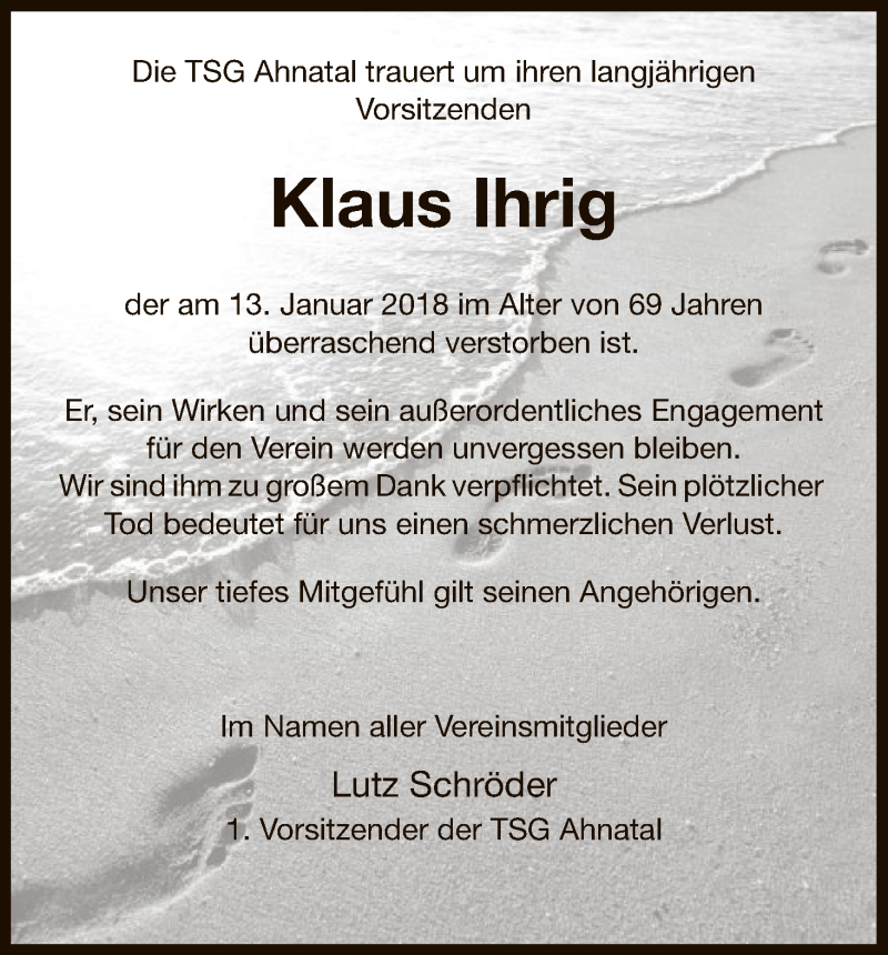  Traueranzeige für Klaus Ihrig vom 17.01.2018 aus HNA