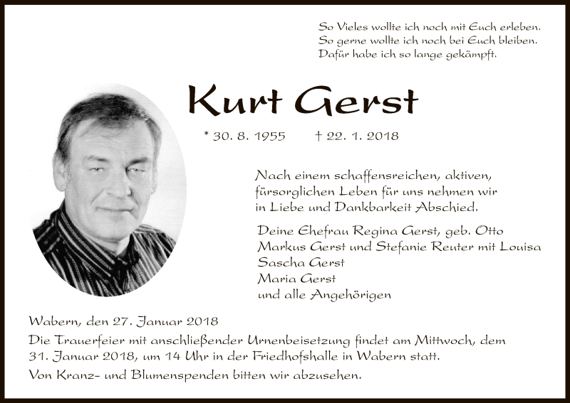  Traueranzeige für Kurt Gerst vom 27.01.2018 aus HNA