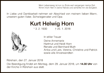 Traueranzeige von Kurt Helwig Horn von HNA