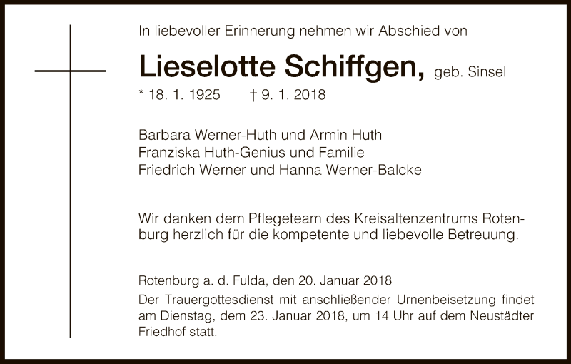  Traueranzeige für Lieselotte Schiffgen vom 20.01.2018 aus HNA