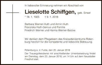 Traueranzeige von Lieselotte Schiffgen von HNA
