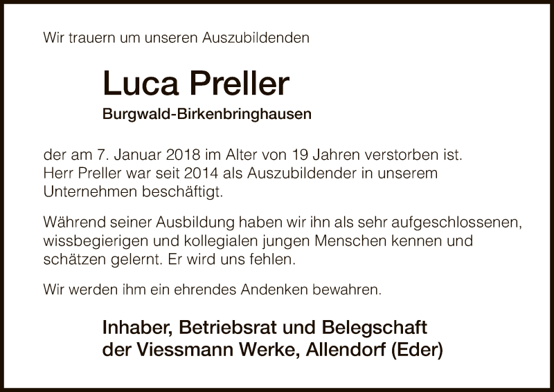 Traueranzeige für Luca Preller vom 12.01.2018 aus HNA