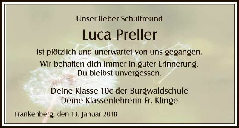  Traueranzeige für Luca Preller vom 13.01.2018 aus HNA