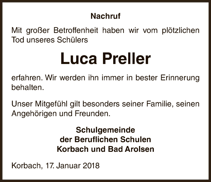  Traueranzeige für Luca Preller vom 17.01.2018 aus HNA