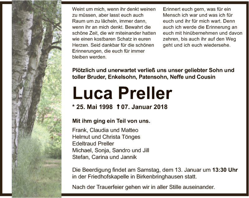  Traueranzeige für Luca Preller vom 11.01.2018 aus HNA