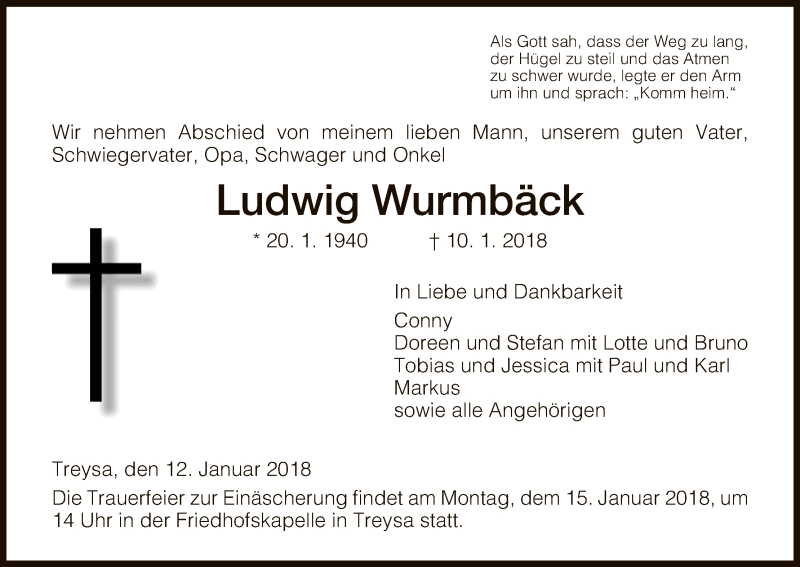  Traueranzeige für Ludwig Wurmbäck vom 12.01.2018 aus HNA
