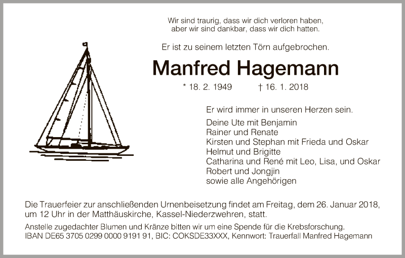  Traueranzeige für Manfred Hagemann vom 24.01.2018 aus HNA