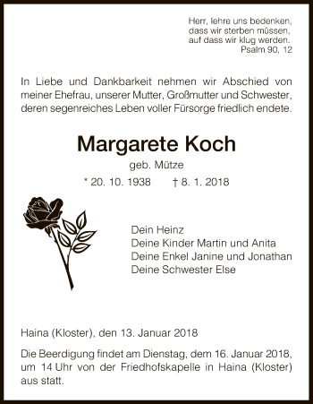 Traueranzeige von Margarete Koch von HNA