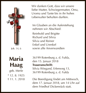Traueranzeige von Maria Haag von HNA