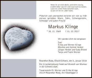 Traueranzeige von Markus Klinge von HNA