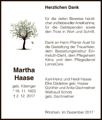 Traueranzeige von Martha Haase von HNA