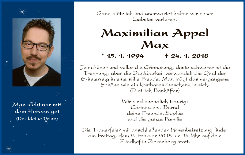  Traueranzeige für Maximilian Appel vom 30.01.2018 aus HNA