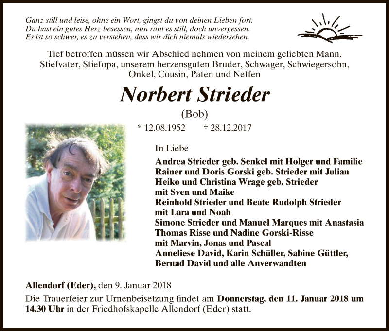  Traueranzeige für Norbert Strieder vom 09.01.2018 aus HNA