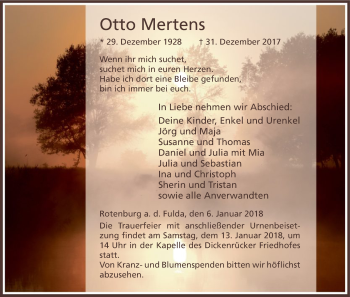 Traueranzeige von Otto Mertens von HNA