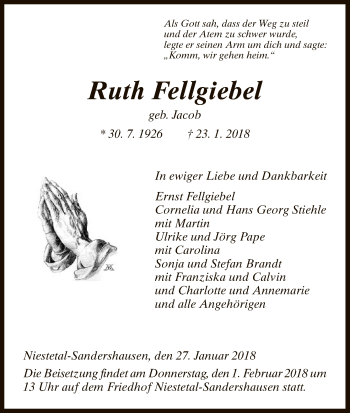 Traueranzeige von Ruth Fellgiebel von HNA