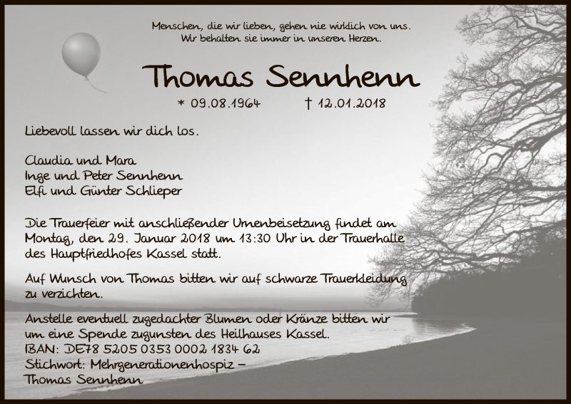  Traueranzeige für Thomas Sennhenn vom 24.01.2018 aus HNA
