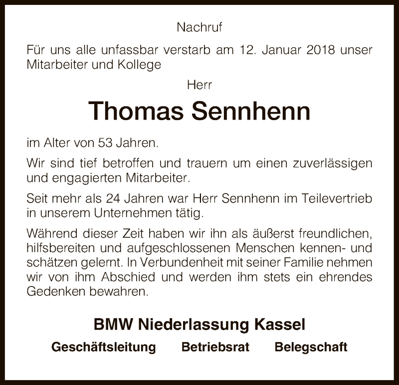  Traueranzeige für Thomas Sennhenn vom 24.01.2018 aus HNA