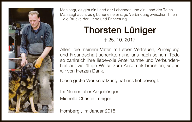  Traueranzeige für Thorsten Lüniger vom 13.01.2018 aus HNA