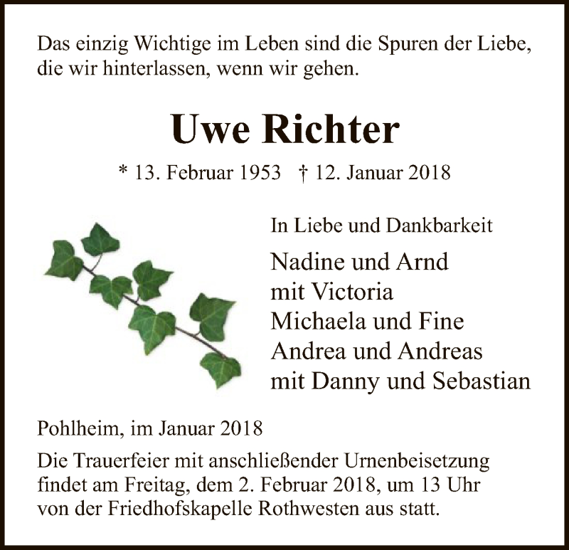  Traueranzeige für Uwe Richter vom 27.01.2018 aus HNA