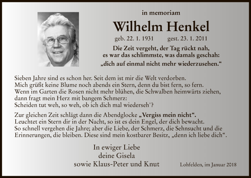  Traueranzeige für Wilhelm Henkel vom 23.01.2018 aus HNA