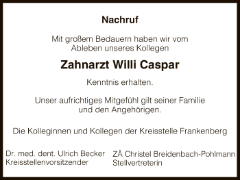 Traueranzeige von Willi Caspar von HNA